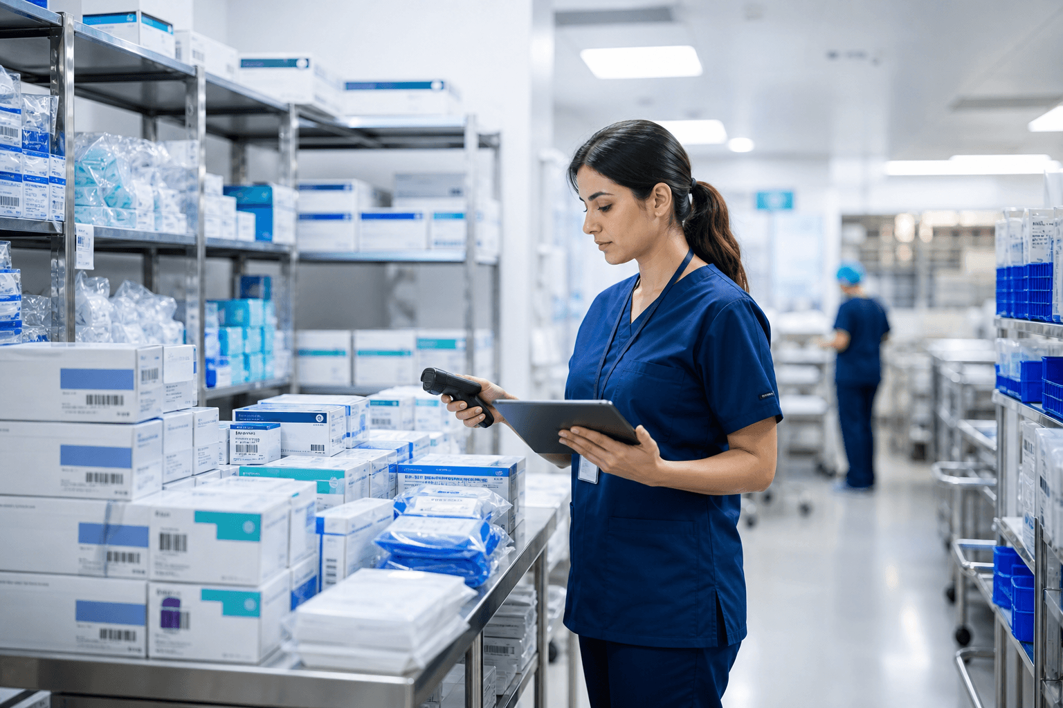 Medical supply inventory specialist reviewing organized clinical stock